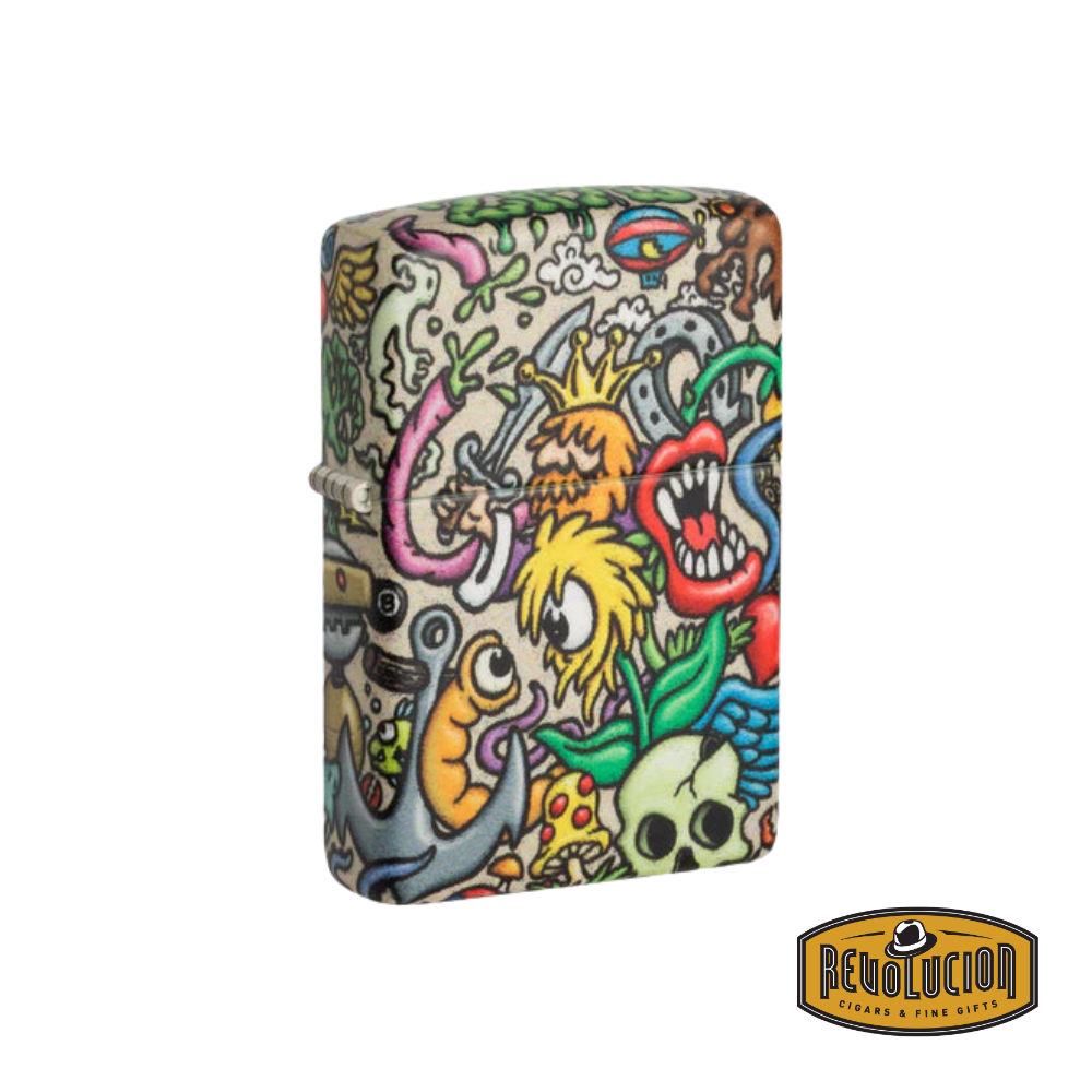 Zippo Tattoo Theme Design Lighter (Front): A Zippo lighter featuring a vivid and chaotic tattoo-style design, covered in colorful, abstract illustrations including eyes, skulls, tentacles, and expressive cartoon-like elements.