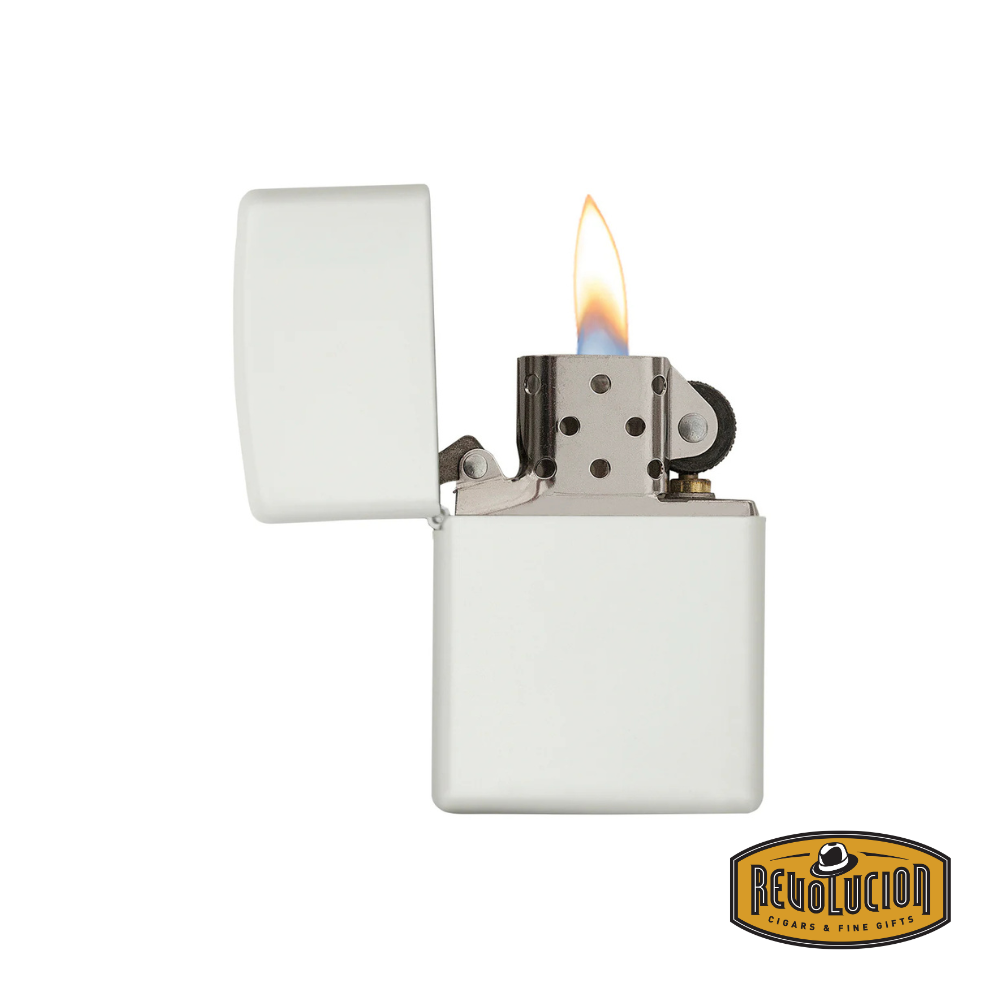 Opened Zippo White Matte Design Lighter, revealing the iconic windproof flame and durable metal construction.