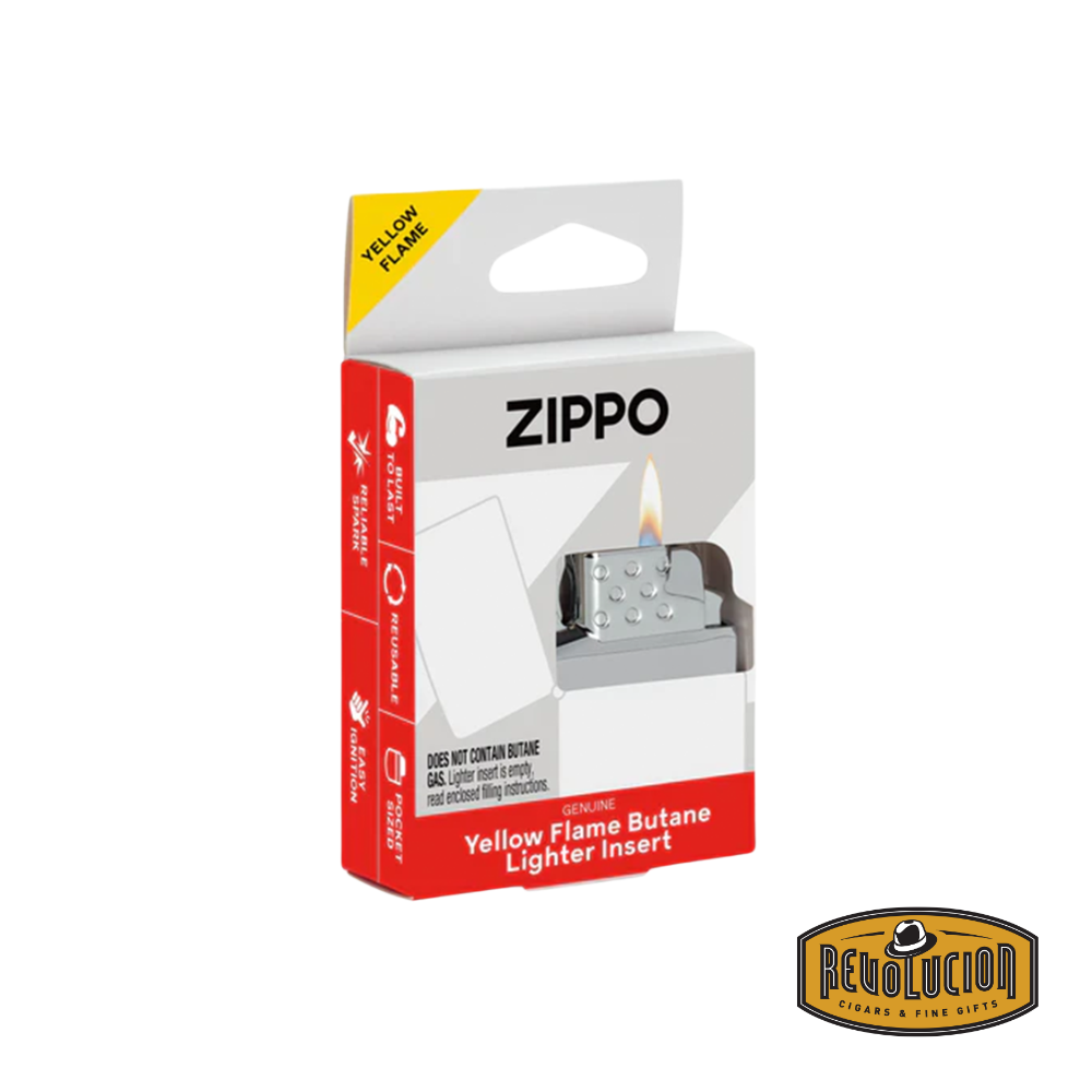 The official Zippo packaging for the yellow flame insert, showcasing branding and product details.