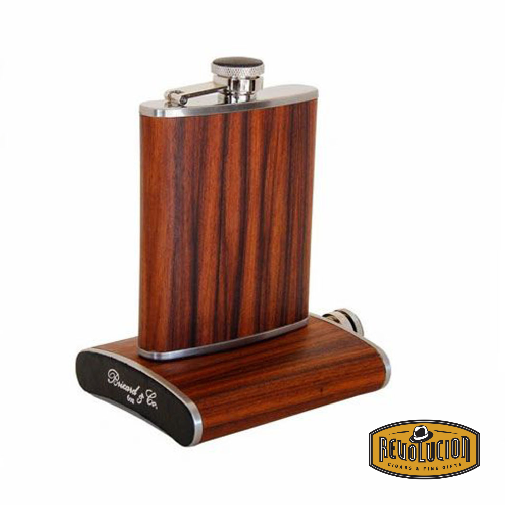 Luxurious rosewood flask set by Brizard &amp; Co., featuring a polished stainless steel cap and a matching rosewood stand. A refined gift for the discerning individual. Includes the Revolucion Cigars &amp; Fine Gifts logo