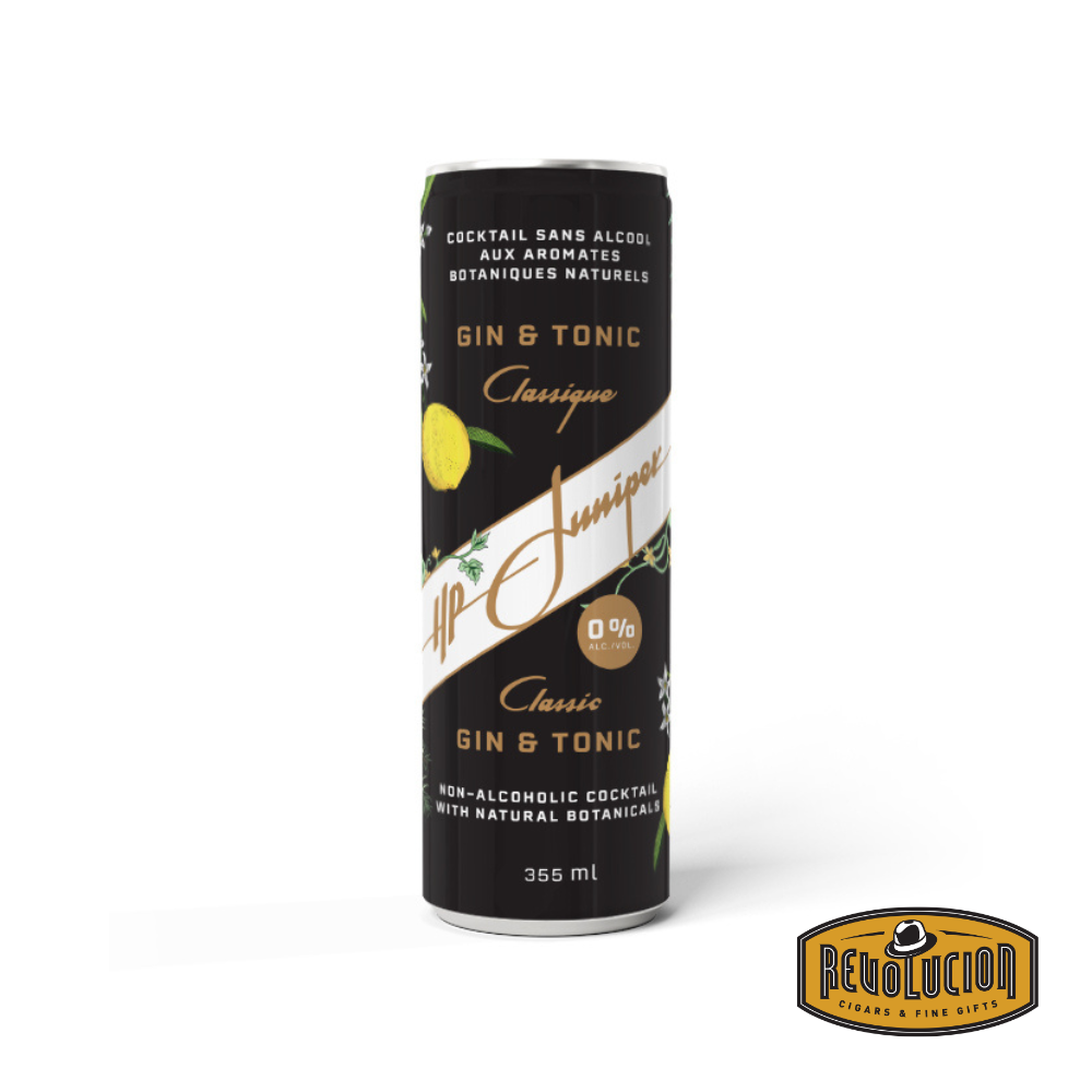 HP Juniper Classic Gin & Tonic: A sleek black can with lemon and botanical accents, highlighting the HP Juniper Classic Gin & Tonic, a non-alcoholic cocktail with a classic flavor profile. Includes the Revolucion logo in the corner.