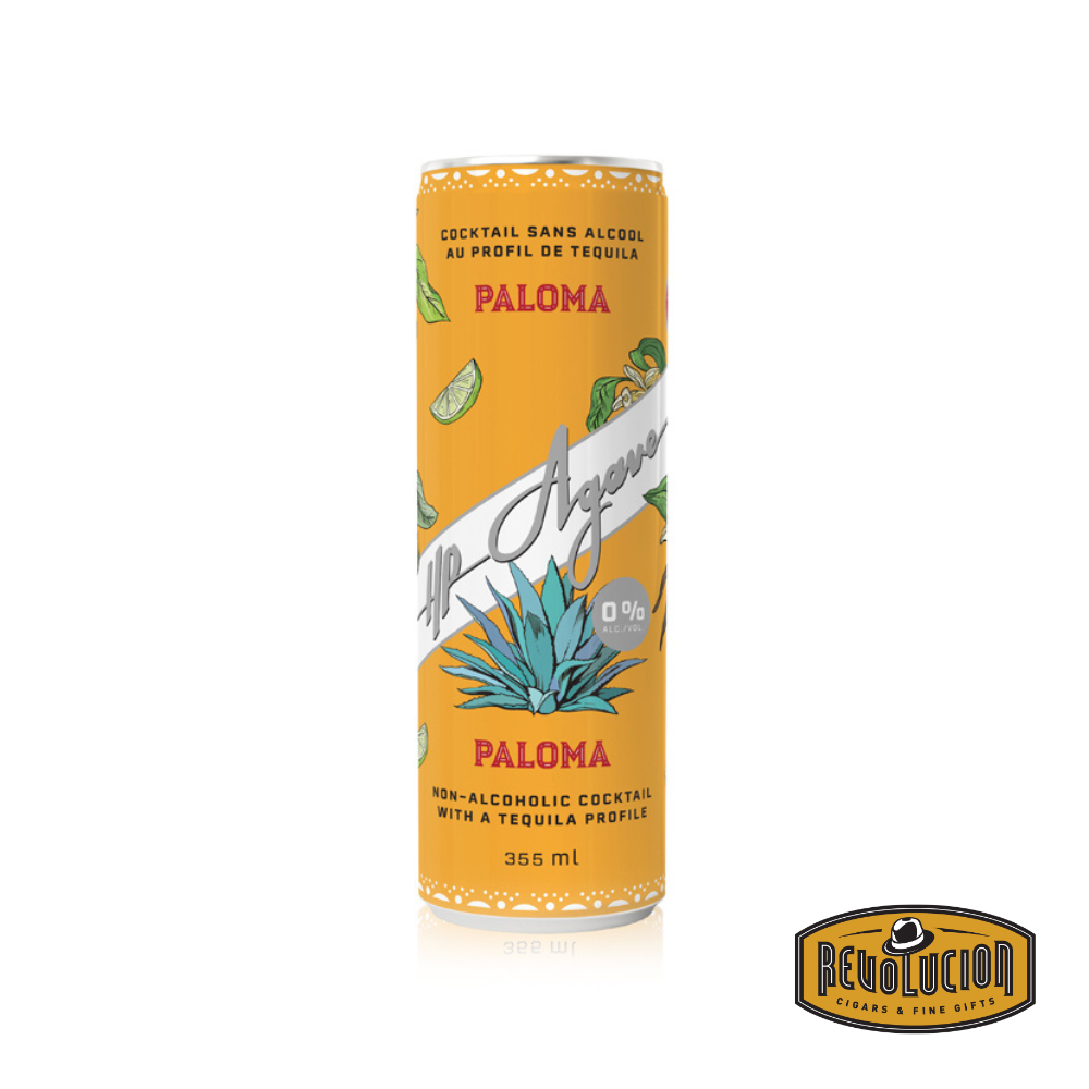 A bright orange can with agave plant and lime designs, featuring the HP Agave Paloma, a non-alcoholic cocktail with a tequila profile. Includes the Revolucion logo in the corner.