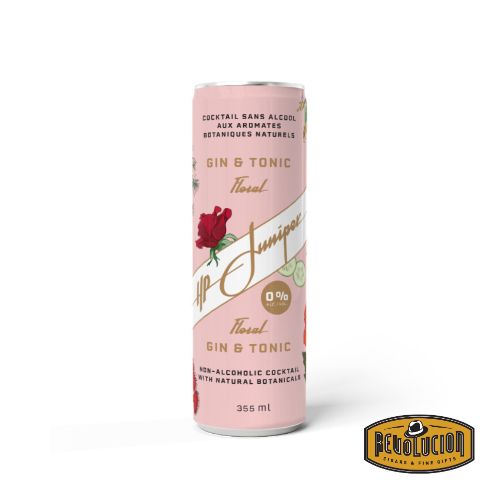 A pastel pink can featuring floral designs, showcasing the HP Juniper Floral Gin & Tonic, a non-alcoholic cocktail with botanical aromatics. Includes the Revolucion logo in the corner.