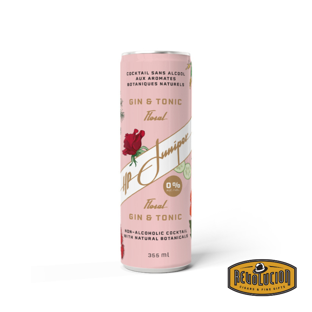 A pastel pink can featuring floral designs, showcasing the HP Juniper Floral Gin &amp; Tonic, a non-alcoholic cocktail with botanical aromatics. Includes the Revolucion logo in the corner.