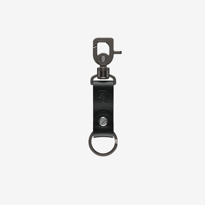 The Ridge Aluminum and Leather Keychain. Black with The Ridge logo stamp embossed.