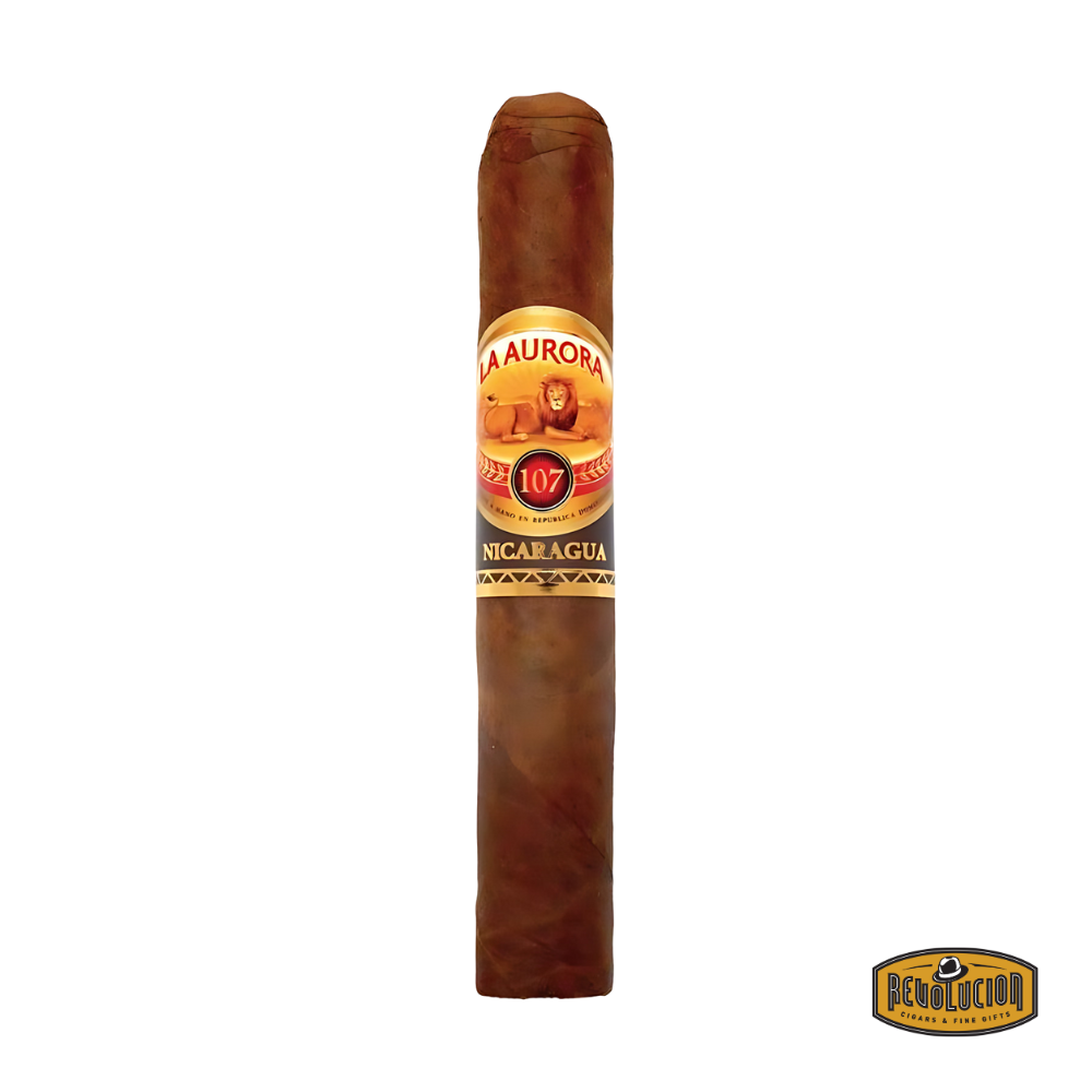 La Aurora 107 Cigar, featuring a dark brown wrapper and a gold and red band with the La Aurora logo, displayed with the Revolucion Cigars &amp; Fine Gifts logo.