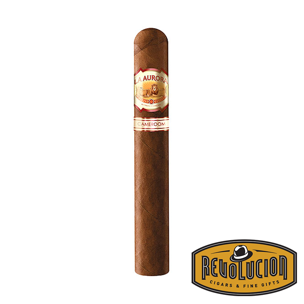 La Aurora 1903 Cameroon Cigar, featuring a light brown wrapper and a classic band with the La Aurora logo, displayed with the Revolucion Cigars &amp; Fine Gifts logo.