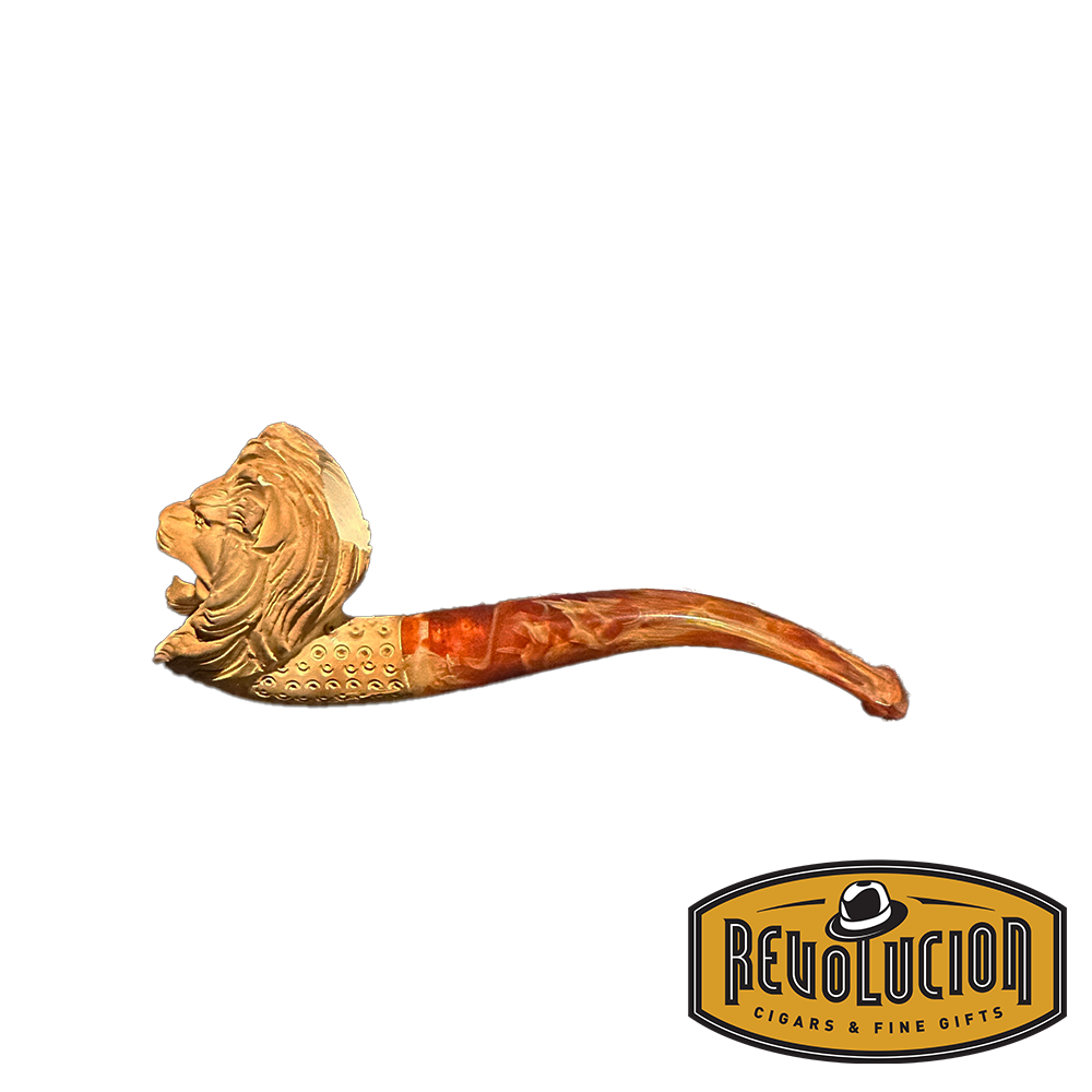 Side view of a Meerschaum smoking pipe featuring a meticulously carved lion head with a marbled red stem. The bowl has a lattice pattern, enhancing the artistic design.