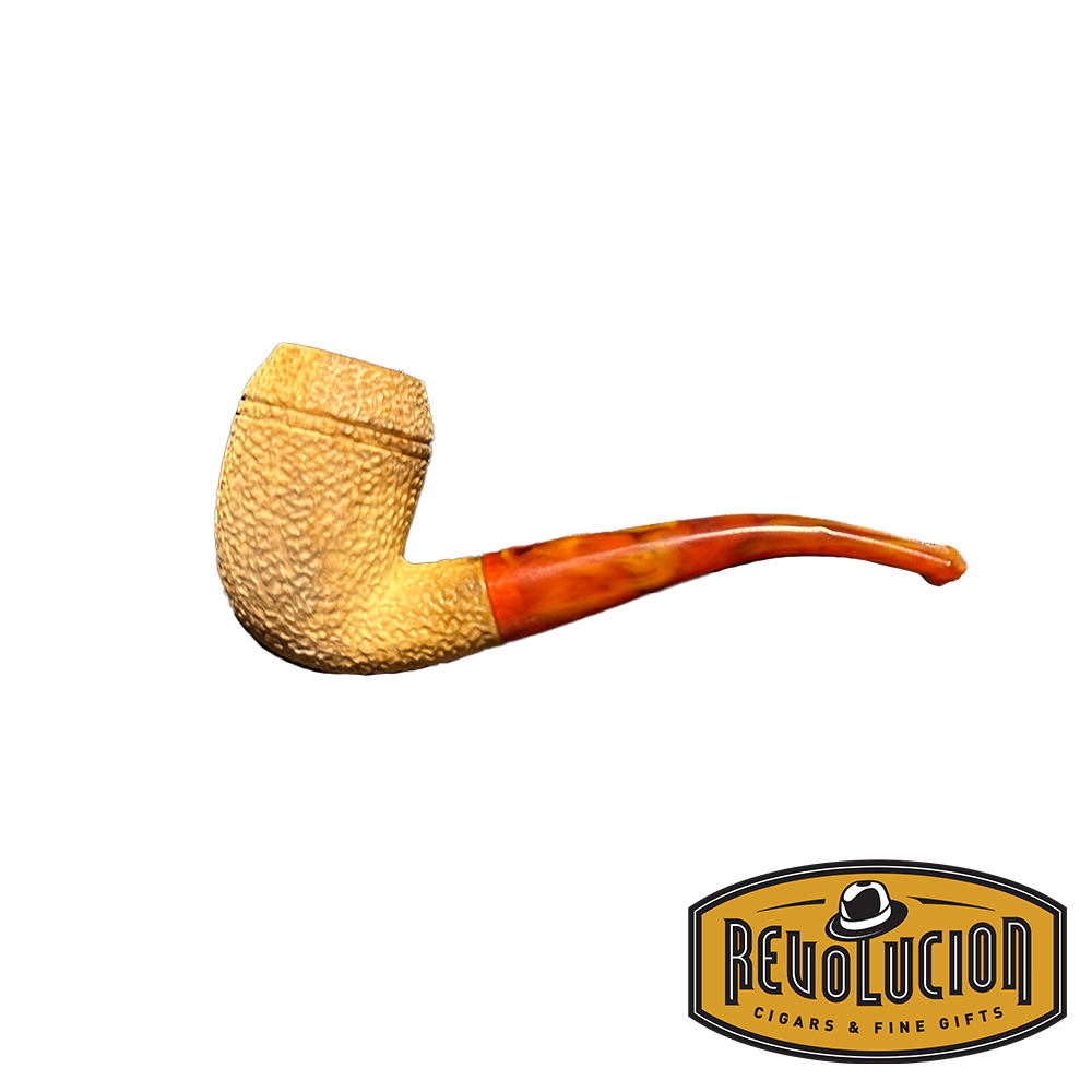 Side view of a Meerschaum smoking pipe featuring a textured lattice finish on the bowl and a marbled orange stem. The pipe has a classic bent shape.