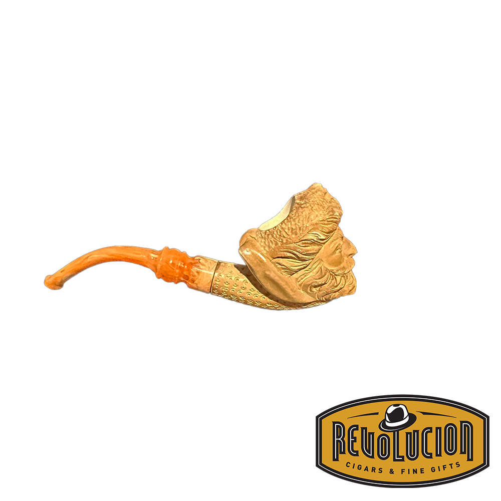 Side view of a Meerschaum smoking pipe showcasing a meticulously carved pirate head with a marbled orange stem. The bowl has a lattice pattern, enhancing the artistic craftsmanship