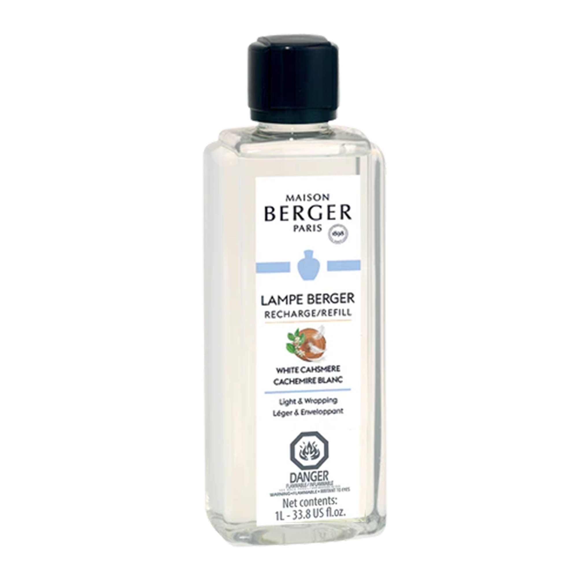 A bottle of Lampe Berger White Cashmere fragrance oil in 500ml size, featuring a label with the product name and branding. The bottle is a frosted white color with a narrow neck and a black cap.