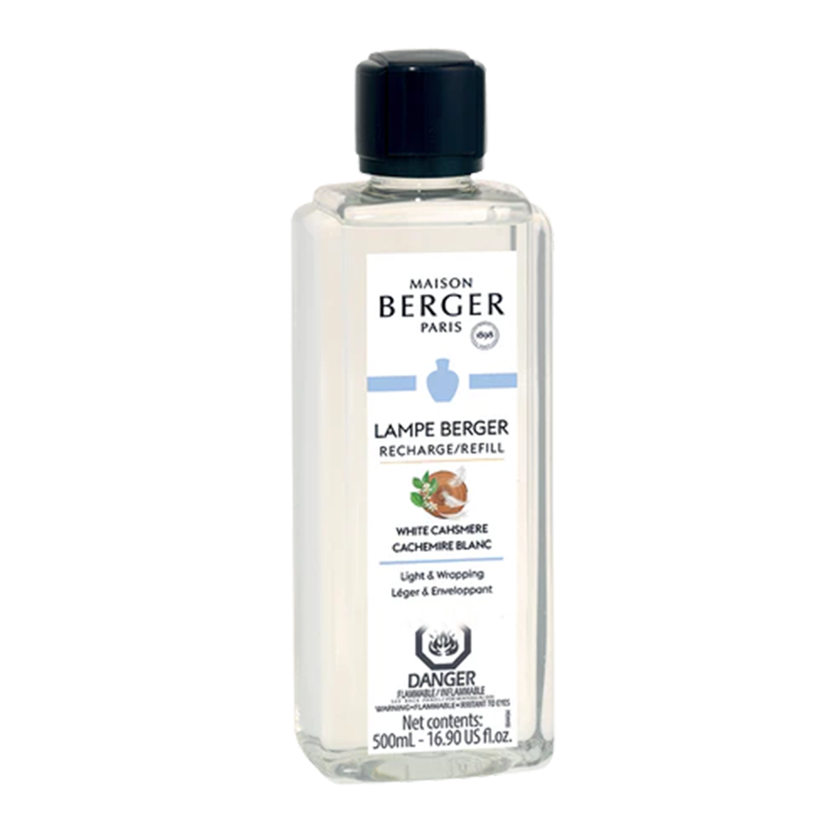 A bottle of Lampe Berger White Cashmere fragrance oil in 500ml size, featuring a label with the product name and branding. The bottle is a frosted white color with a narrow neck and a black cap.