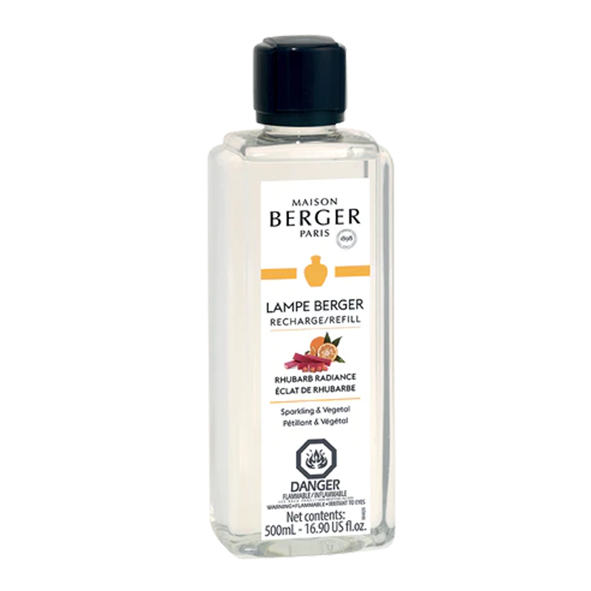 Lampe Berger's Rhubarb Radiance 500ml fragrance bottle, featuring a lively label design with green and pink hues, filled with a fruity and floral scent that purifies the air and leaves a long-lasting aroma of apple, rhubarb, rose, jasmine, and vanilla.