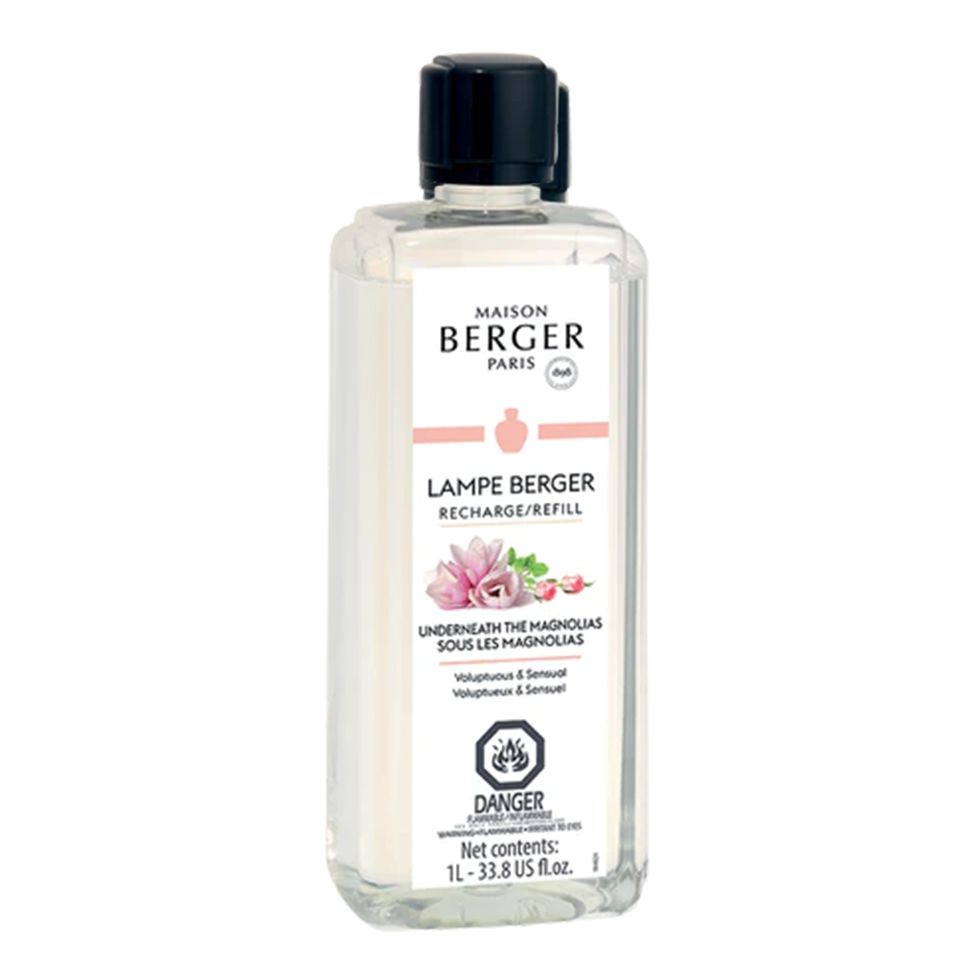 A 500ml bottle of Lampe Berger Underneath the Magnolias fragrance oil, featuring a label with the product name and branding. The bottle is a translucent frosted color with a narrow neck and a black cap. 