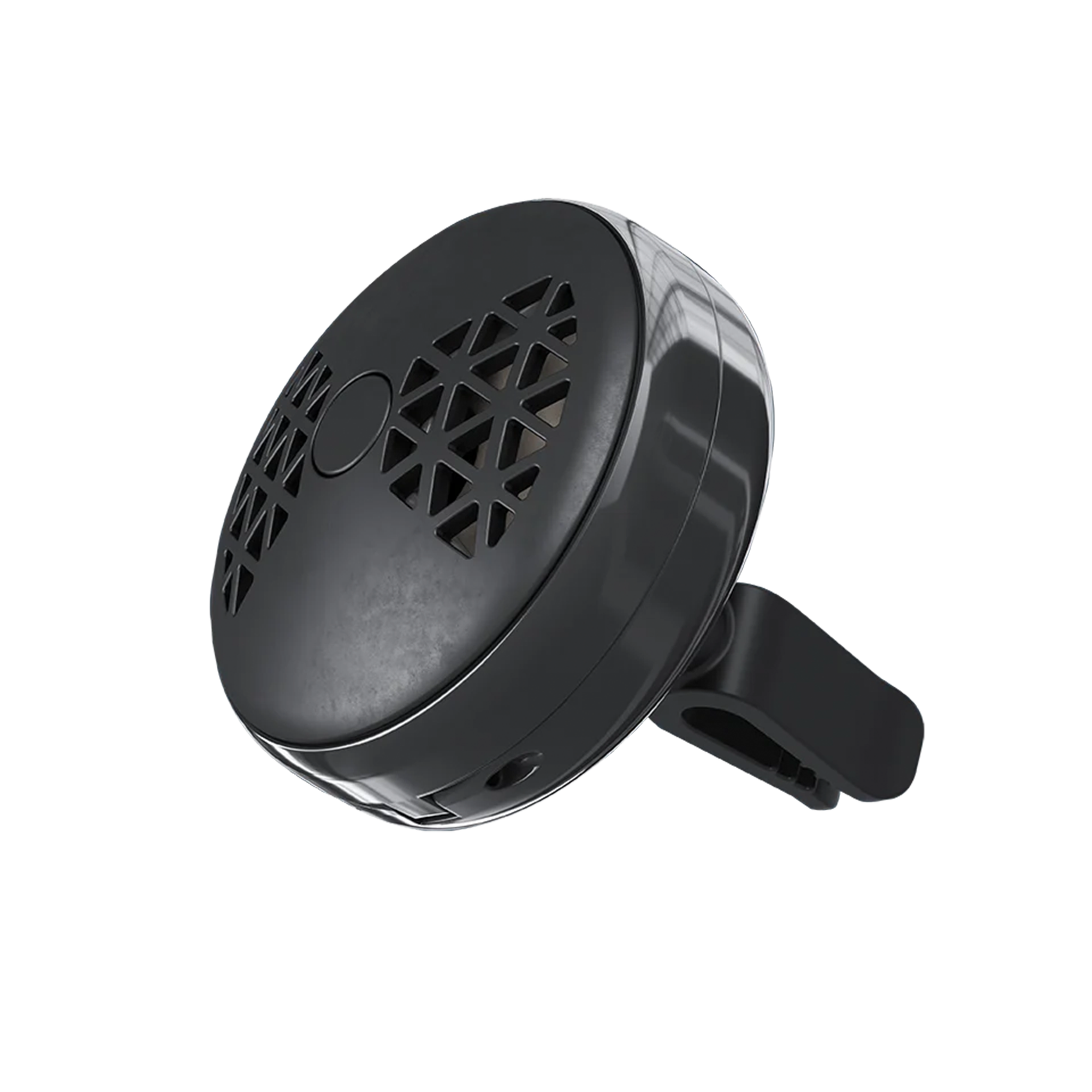 The photo shows the side of the Maison Berger Smart Car Diffuser, featuring a smooth and streamlined design in tones of black and gunmetal. The device has a small knob on the side that can be turned to adjust the fragrance intensity. 