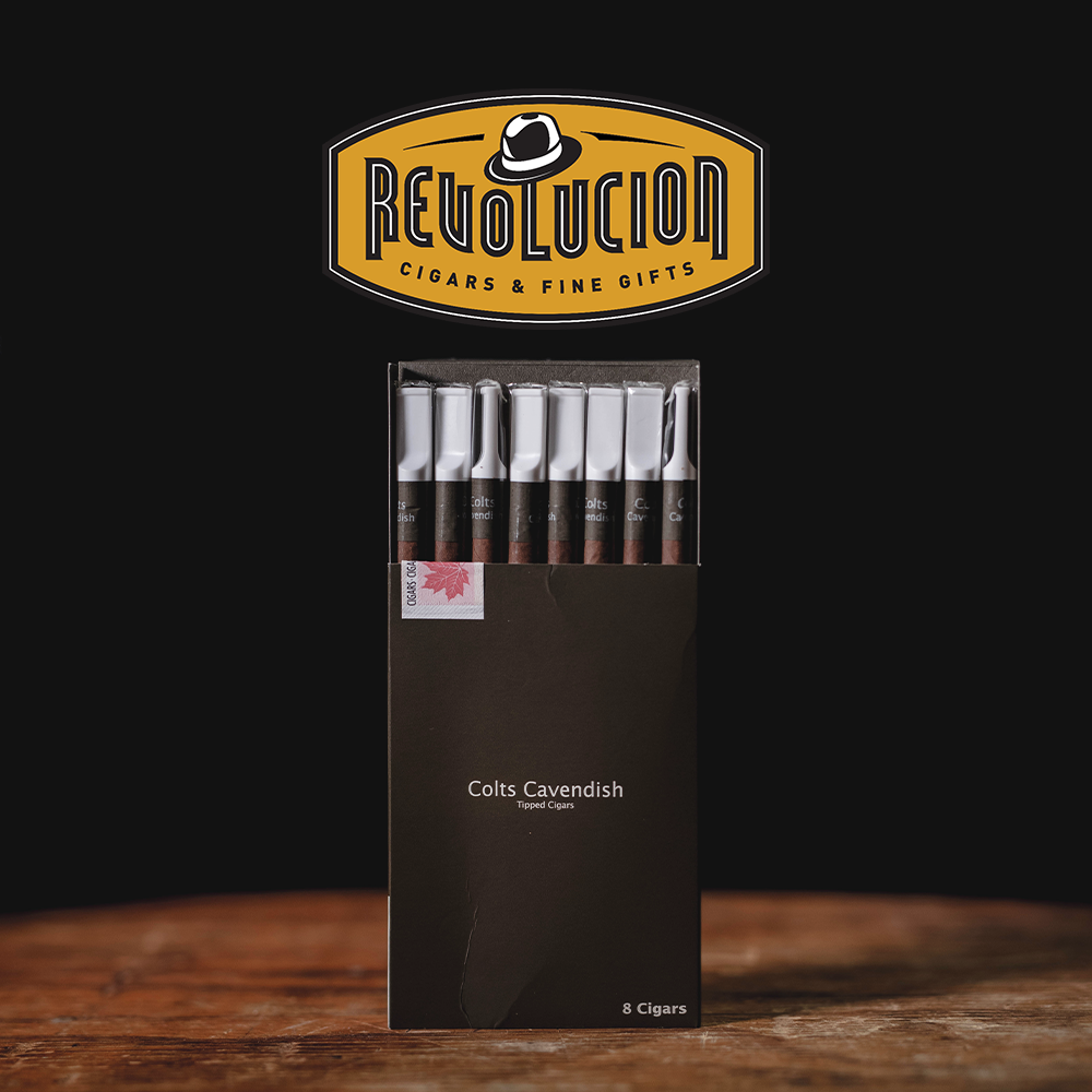 A full box of Colts Tip Cavendish Cigars (pack of 8) displayed at an angle, showcasing the packaging design.