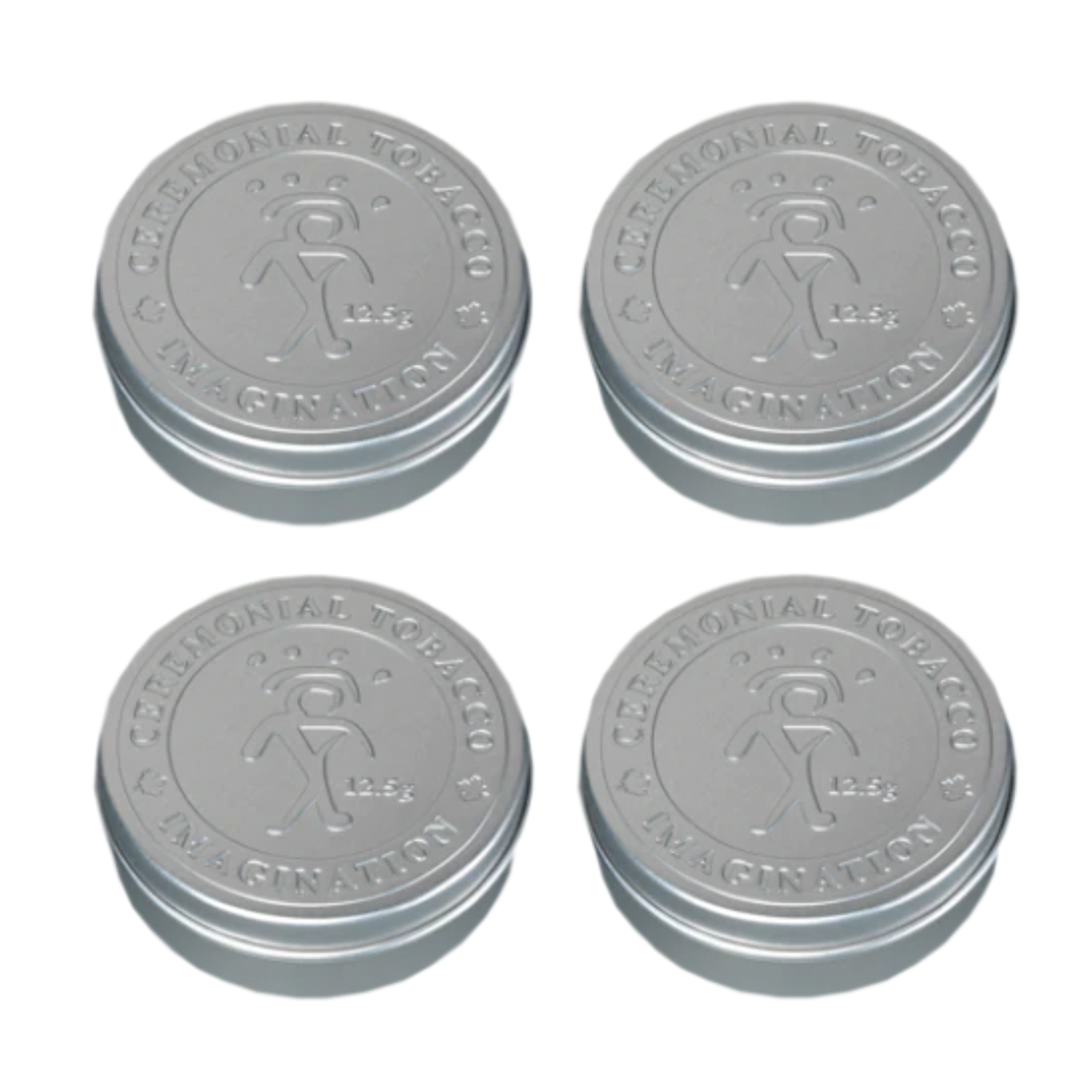 Four individual Imagination Ceremonial Tobacco cans displayed separately from the gift pack.