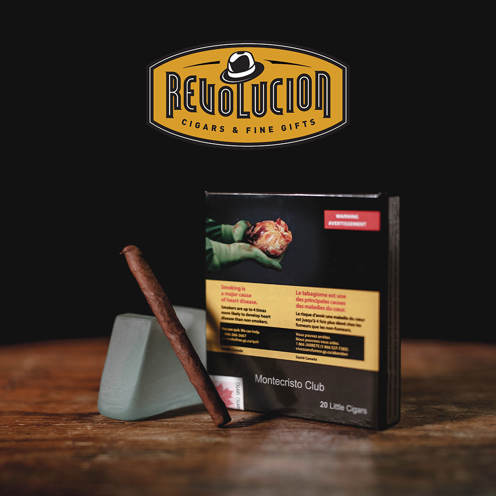 Montecristo Club Mild-Medium Strength Cuban Cigarillo with plain packaging, featuring a single cigarillo in front