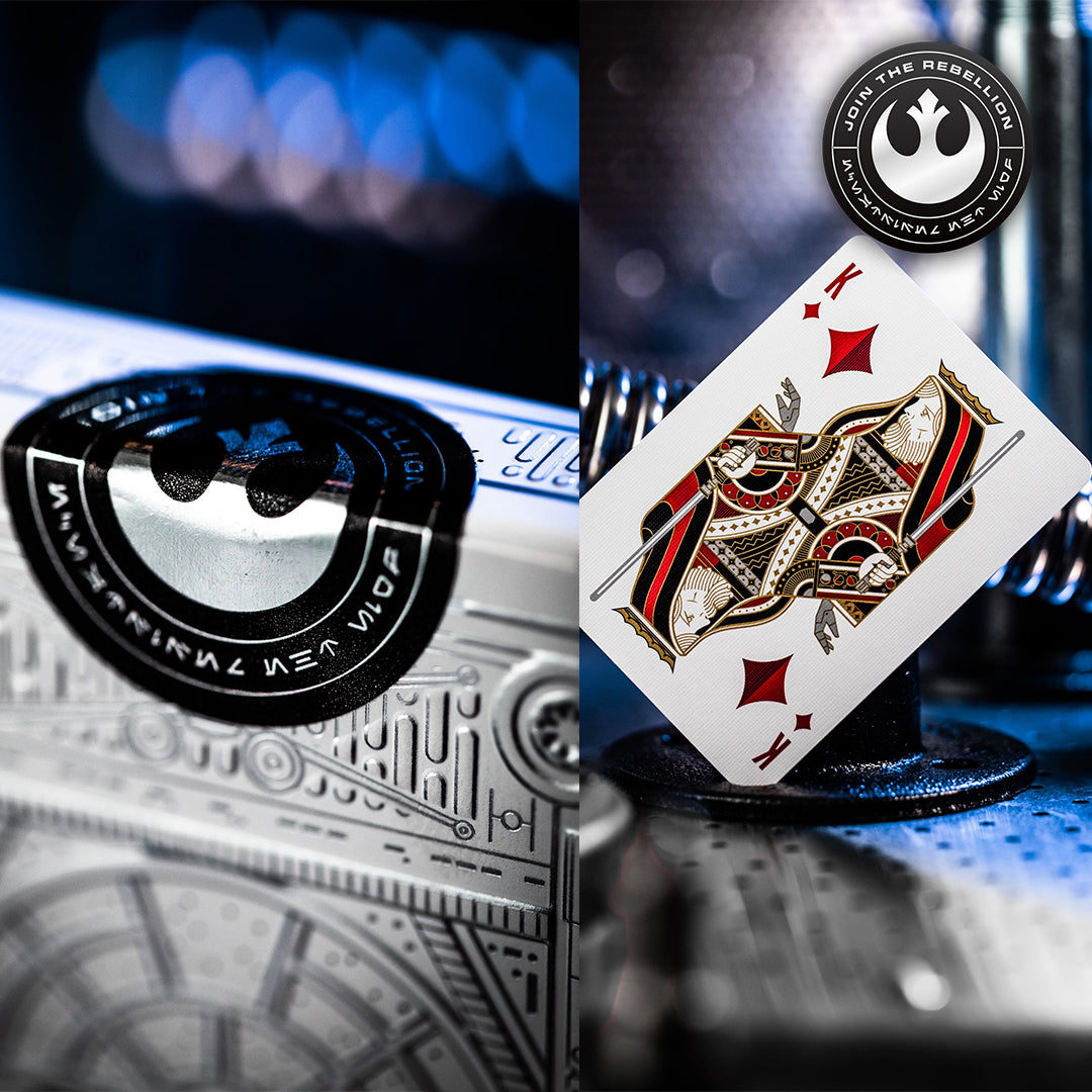 Front view of the Theory11 Star Wars Silver Edition playing cards in white, showcasing the premium embossed design and elegant Star Wars-themed artwork.