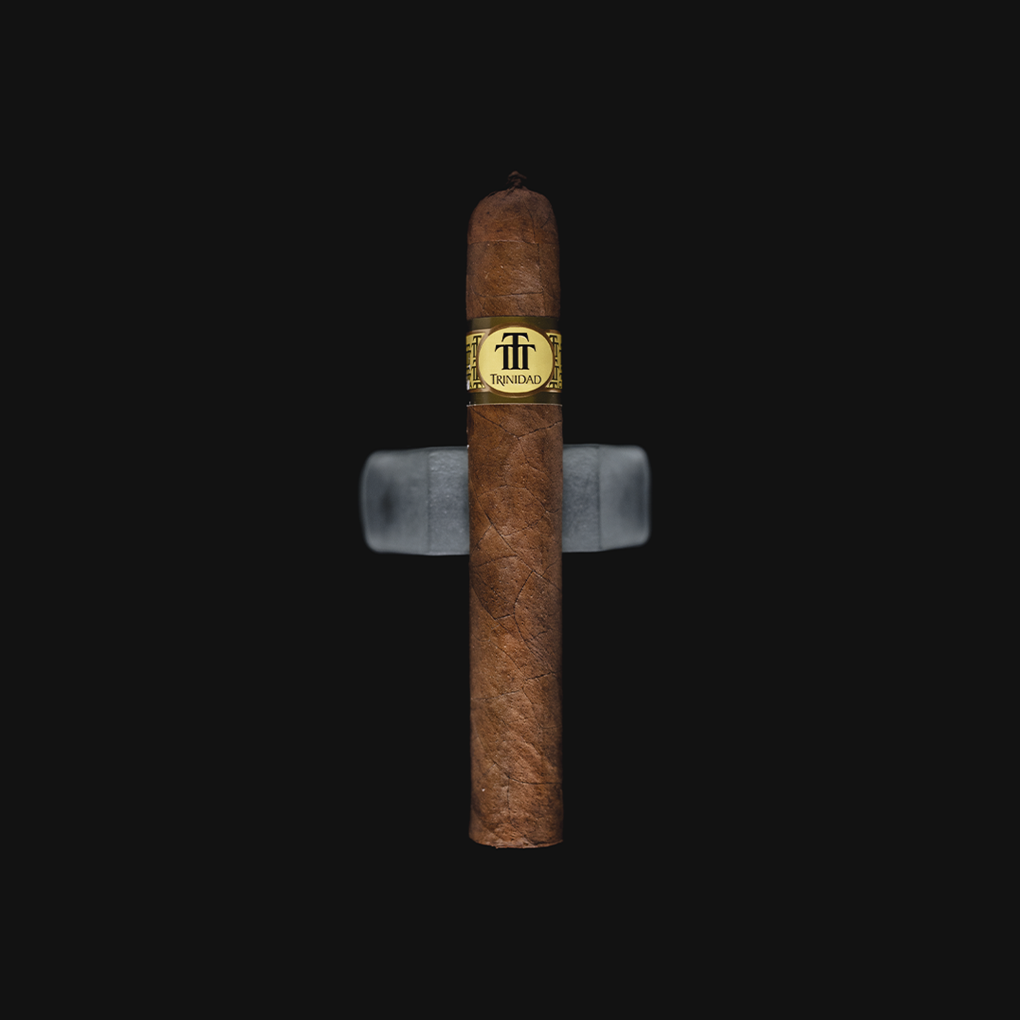 Trinidad Esmeralda Cuban cigar standing vertically on a frosted glass stand against a dark background, featuring its signature pigtail cap and gold band.