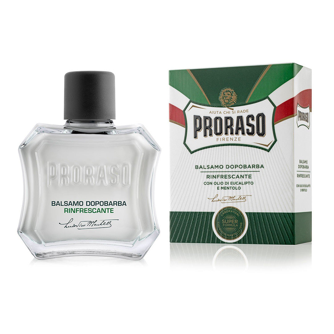 proraso after shave white balm in a clear container with its white box and red and green strips